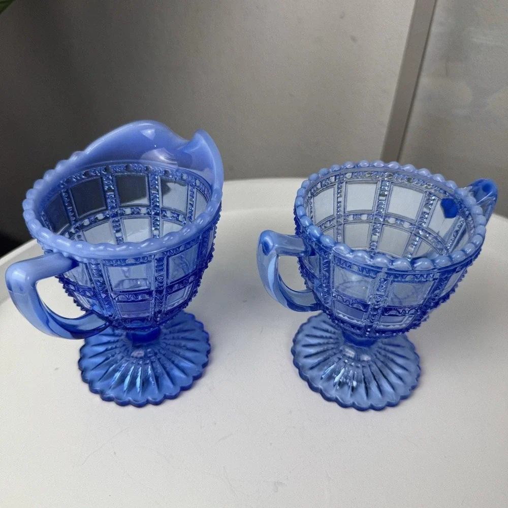 Vintage Deco Imperial Glass Beaded Block Blue Opalescent Cream & Sugar Set c1930
